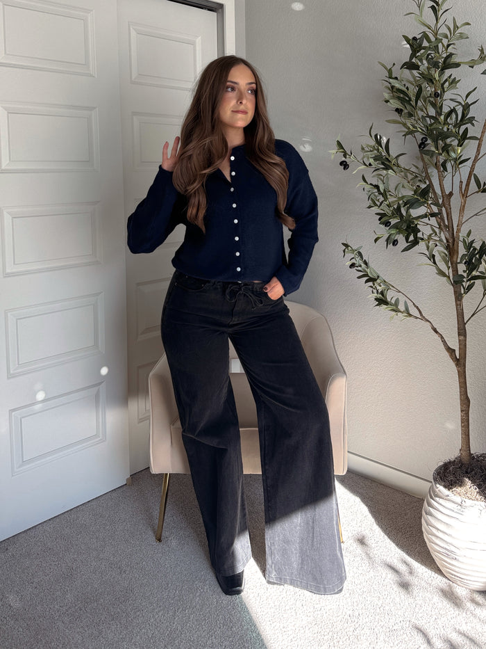 Arden Drawstring Waist Wide Leg Jeans (Washed Black)