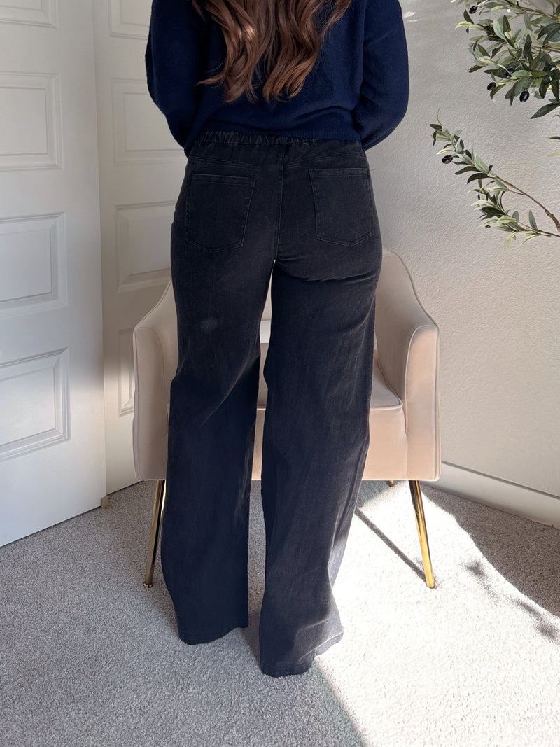Arden Drawstring Waist Wide Leg Jeans (Washed Black)