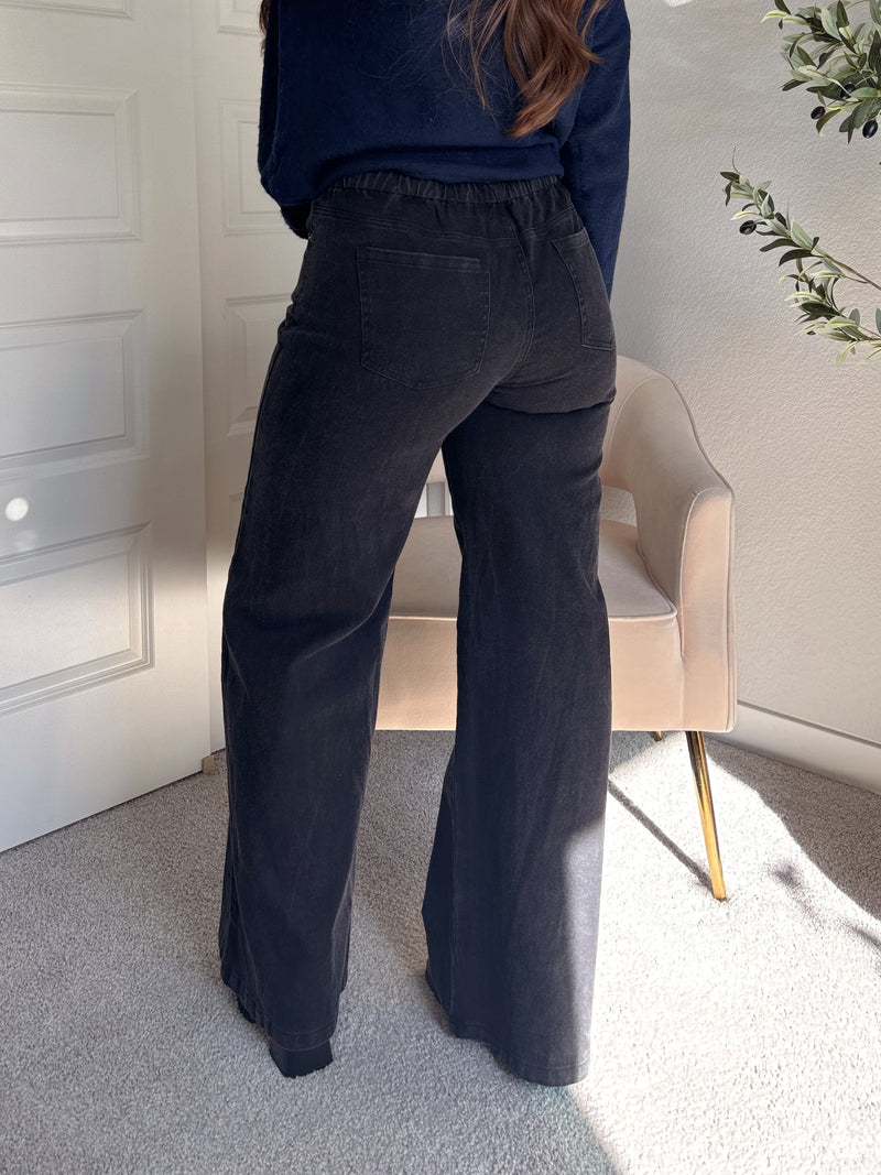 Arden Drawstring Waist Wide Leg Jeans (Washed Black)