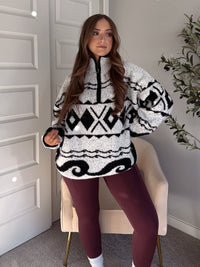 Aspen Patterned Oversized Knit Quarter Zip Pullover (Ivory/Black)