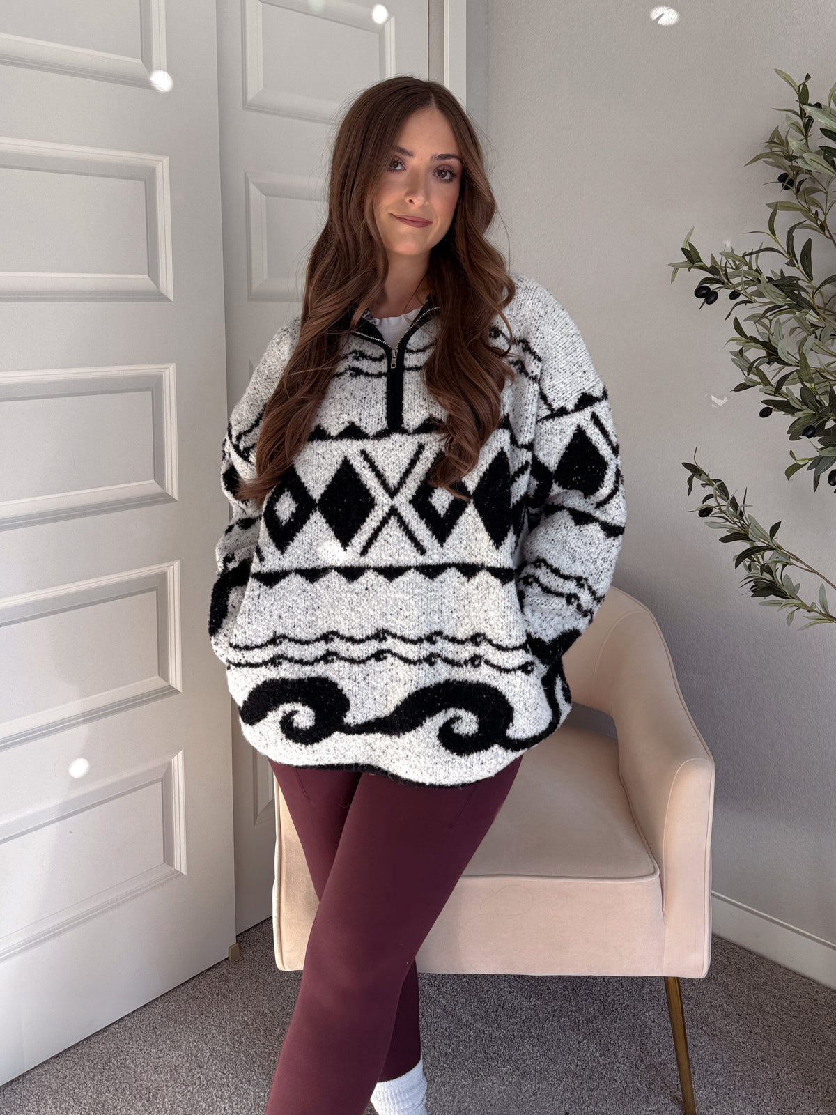 Aspen Patterned Oversized Knit Quarter Zip Pullover (Ivory/Black)