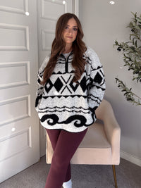 Aspen Patterned Oversized Knit Quarter Zip Pullover (Ivory/Black)