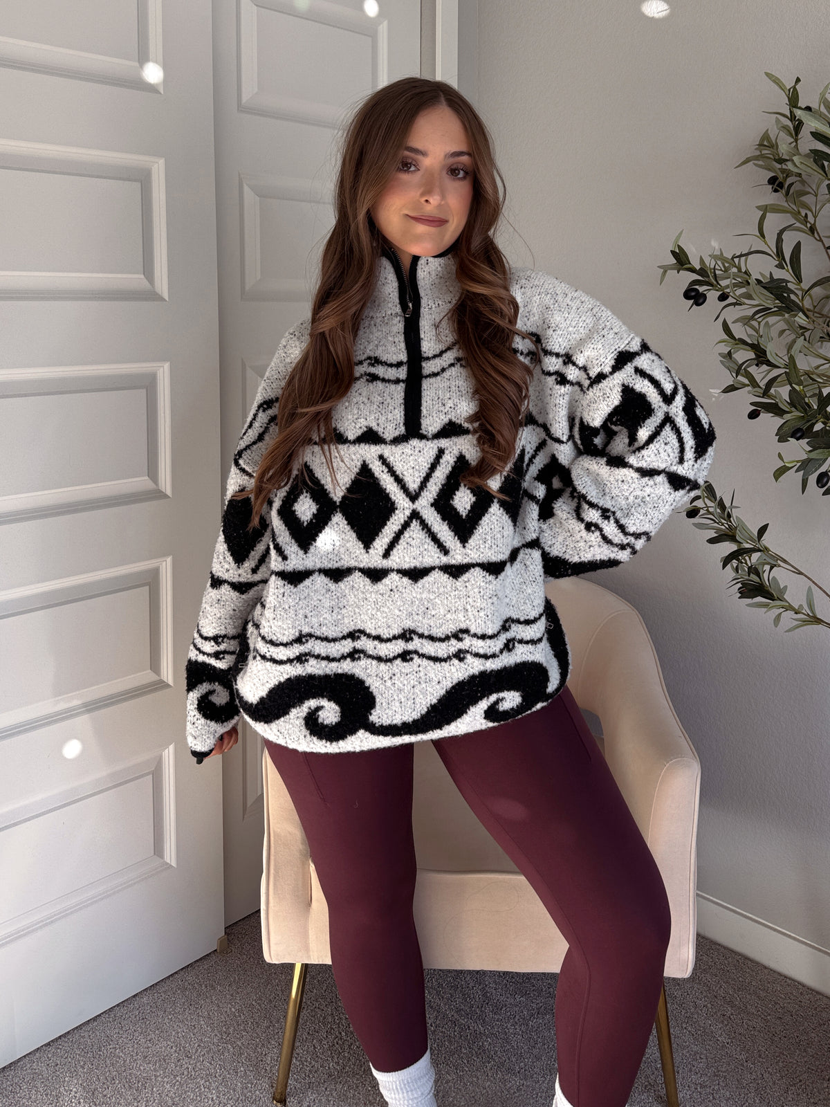 Aspen Patterned Oversized Knit Quarter Zip Pullover (Ivory/Black)
