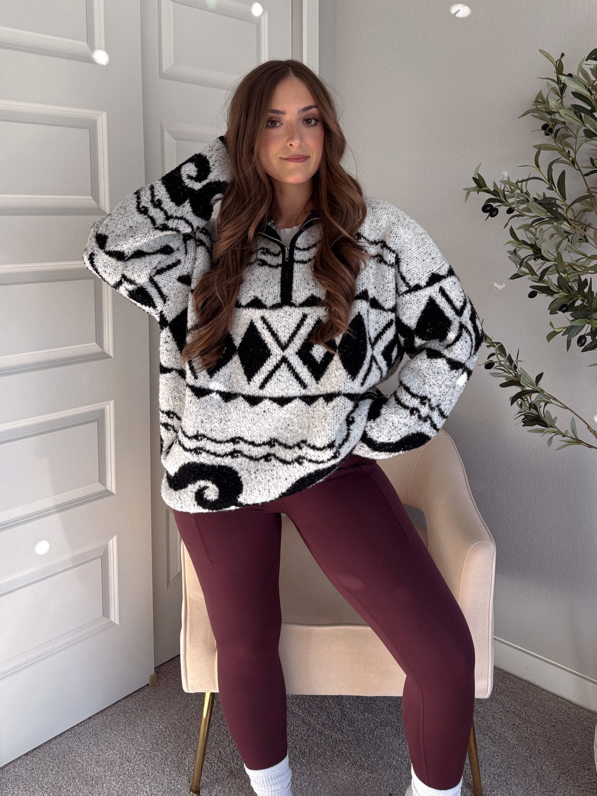 Aspen Patterned Oversized Knit Quarter Zip Pullover (Ivory/Black)
