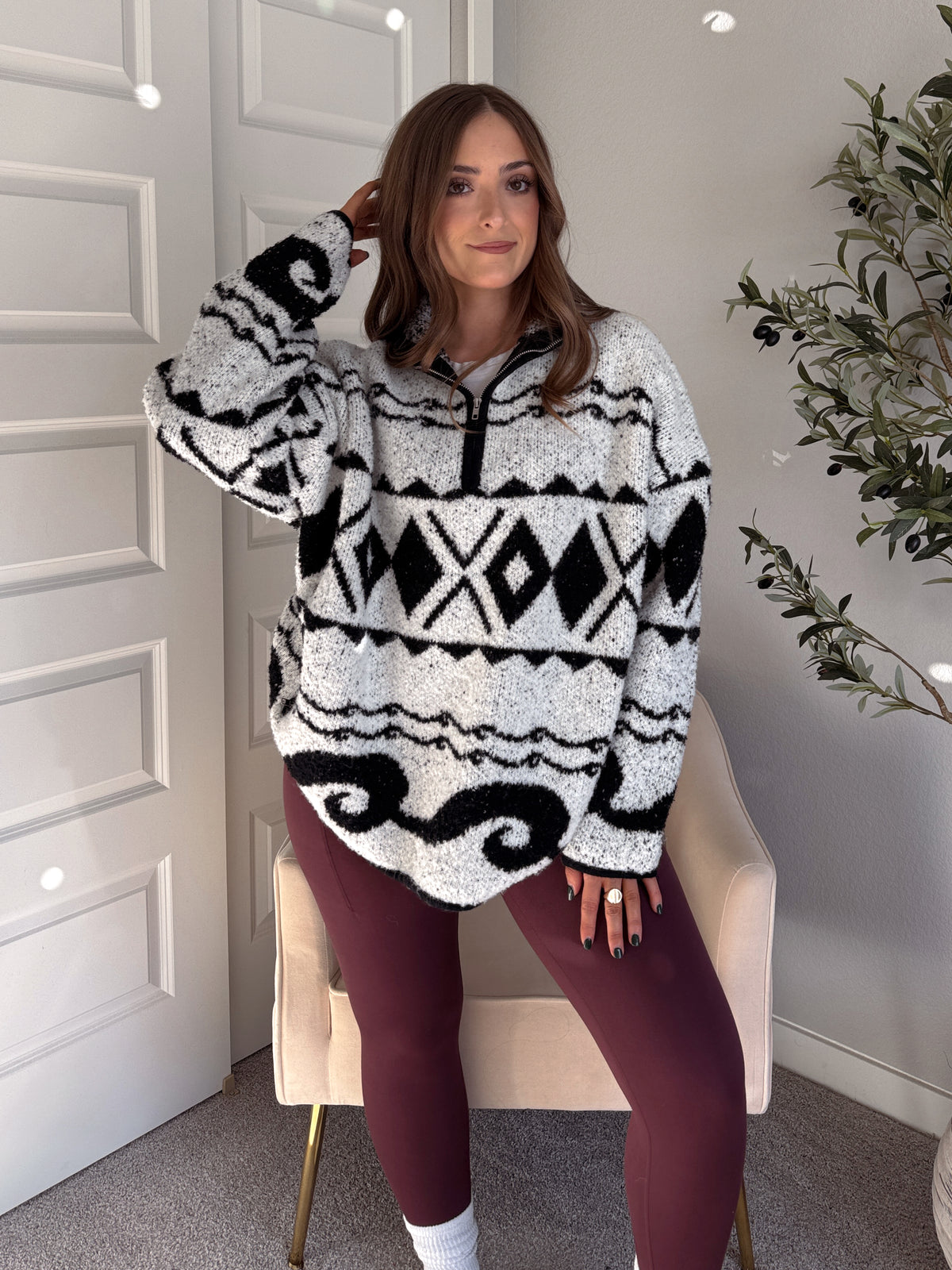 Aspen Patterned Oversized Knit Quarter Zip Pullover (Ivory/Black)