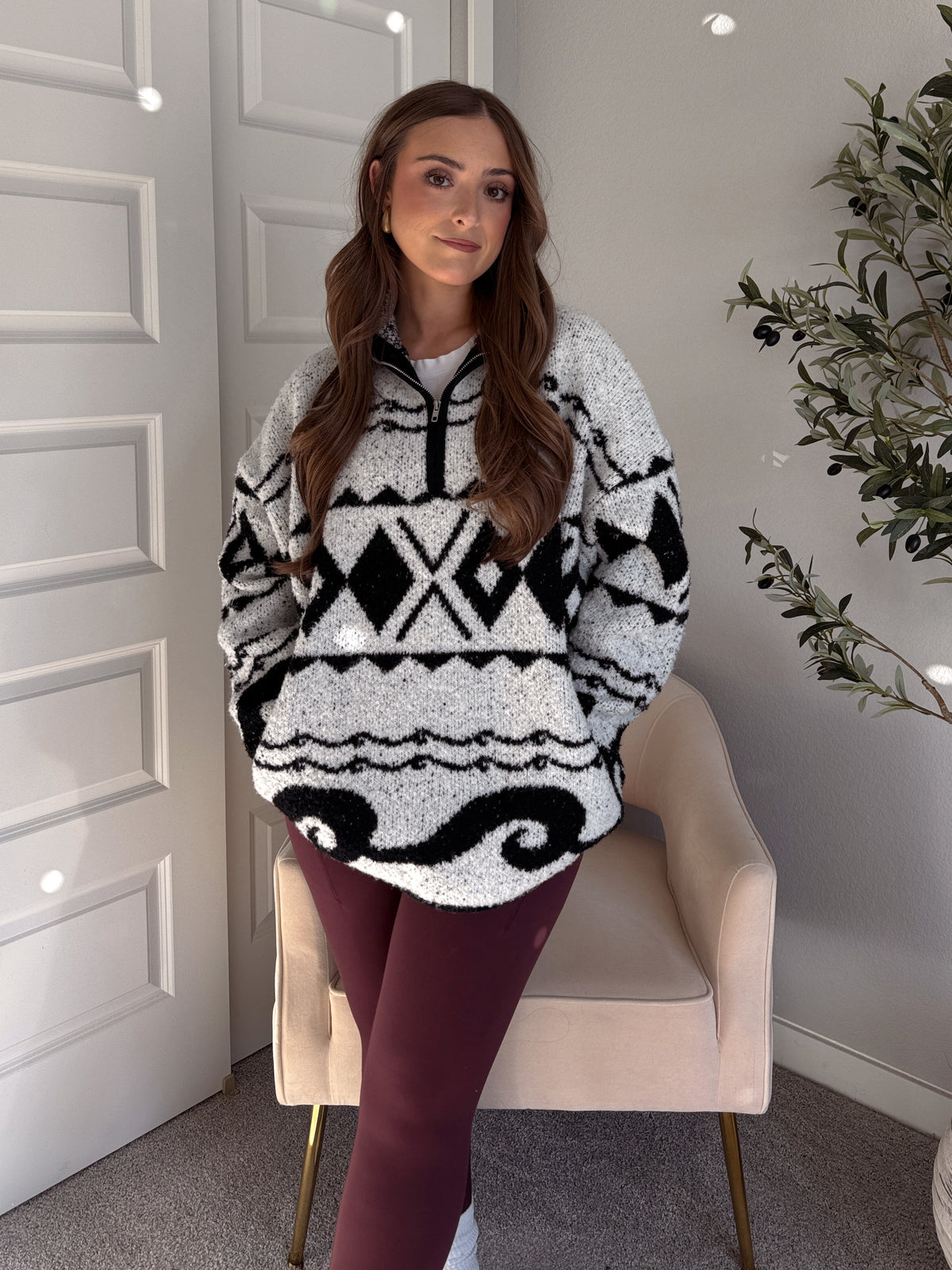 Aspen Patterned Oversized Knit Quarter Zip Pullover (Ivory/Black)