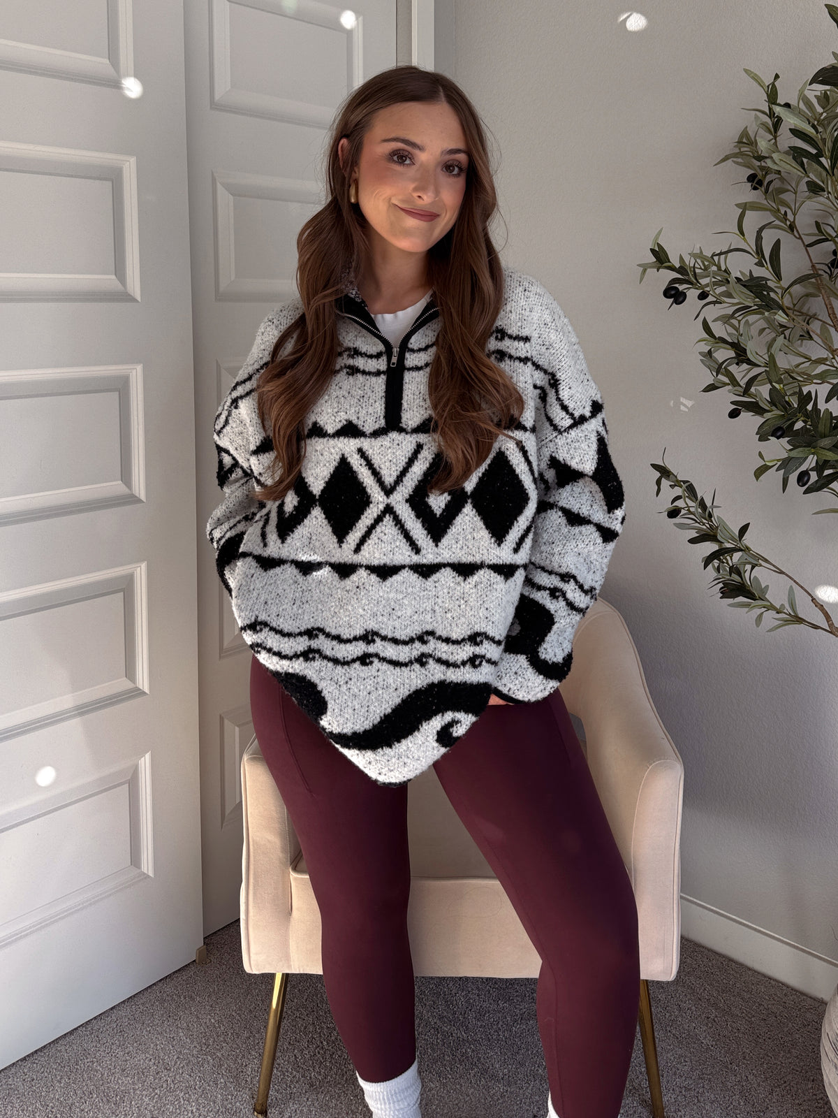 Aspen Patterned Oversized Knit Quarter Zip Pullover (Ivory/Black)