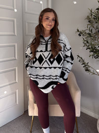 Aspen Patterned Oversized Knit Quarter Zip Pullover (Ivory/Black)