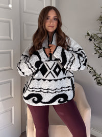 Aspen Patterned Oversized Knit Quarter Zip Pullover (Ivory/Black)