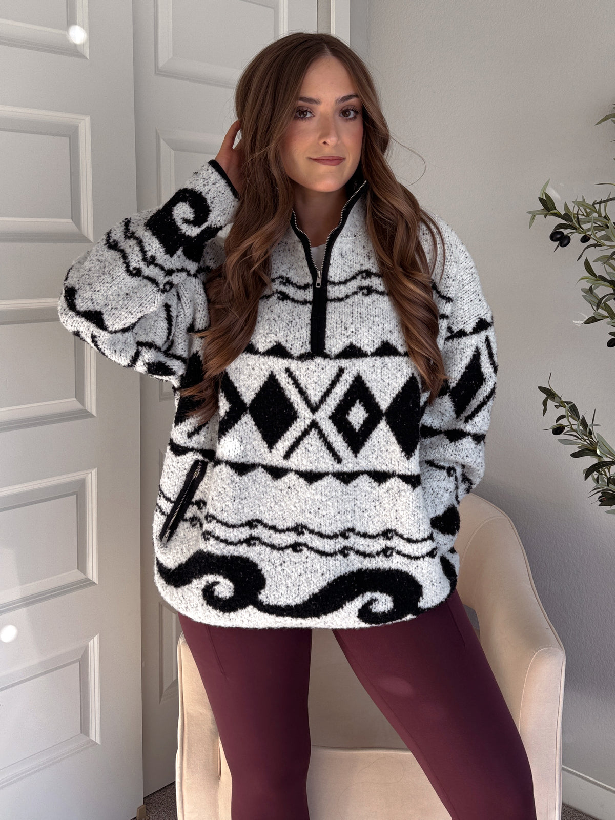 Aspen Patterned Oversized Knit Quarter Zip Pullover (Ivory/Black)