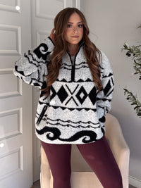 Aspen Patterned Oversized Knit Quarter Zip Pullover (Ivory/Black)