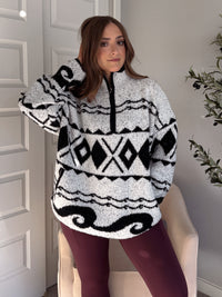 Aspen Patterned Oversized Knit Quarter Zip Pullover (Ivory/Black)