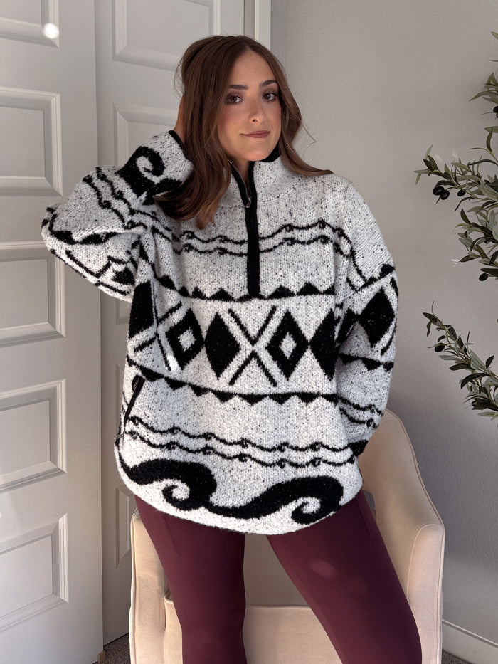 Aspen Patterned Oversized Knit Quarter Zip Pullover (Ivory/Black)