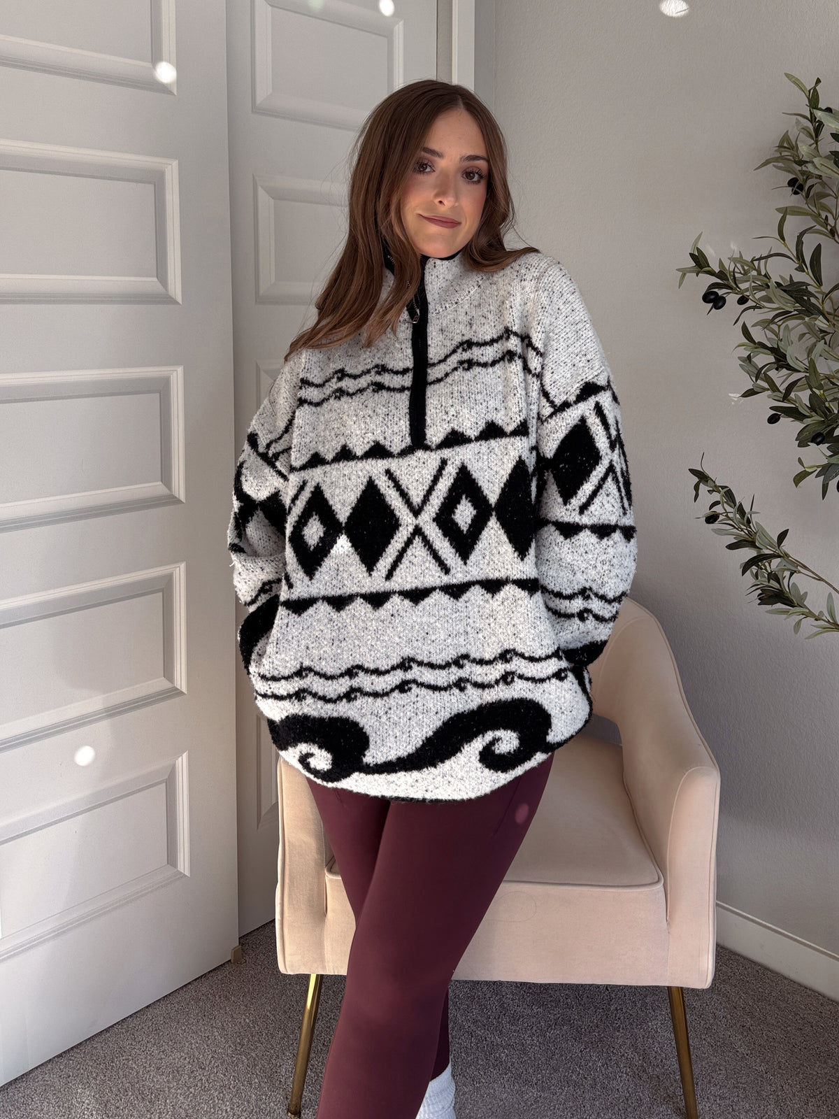 Aspen Patterned Oversized Knit Quarter Zip Pullover (Ivory/Black)