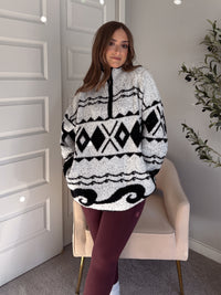 Aspen Patterned Oversized Knit Quarter Zip Pullover (Ivory/Black)