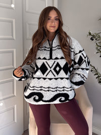 Aspen Patterned Oversized Knit Quarter Zip Pullover (Ivory/Black)