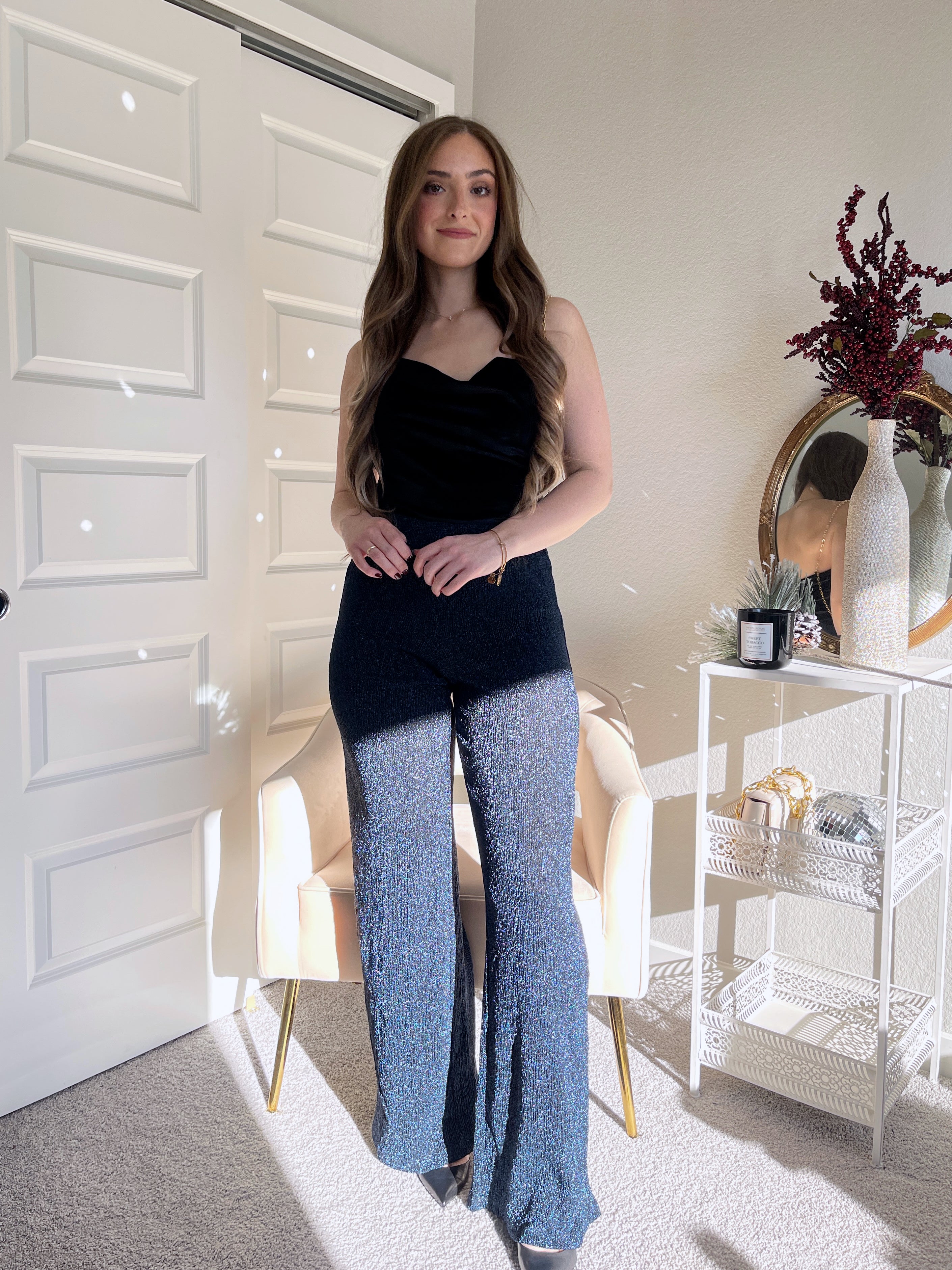 At Midnight Glitter High-Waisted Flare Pants (Navy) – La