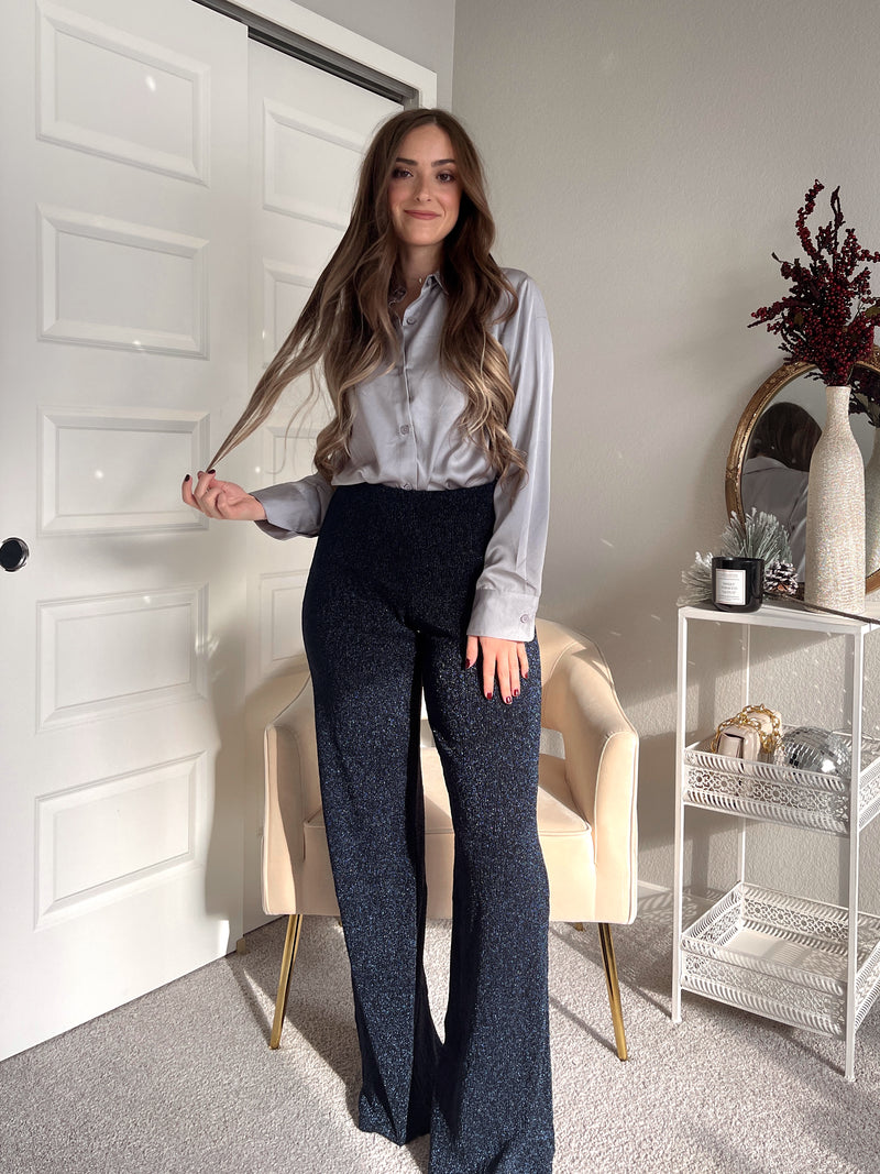 At Midnight Glitter High-Waisted Flare Pants (Navy) Large At Midnight Glitter High-Waisted Flare Pants (Navy) Large