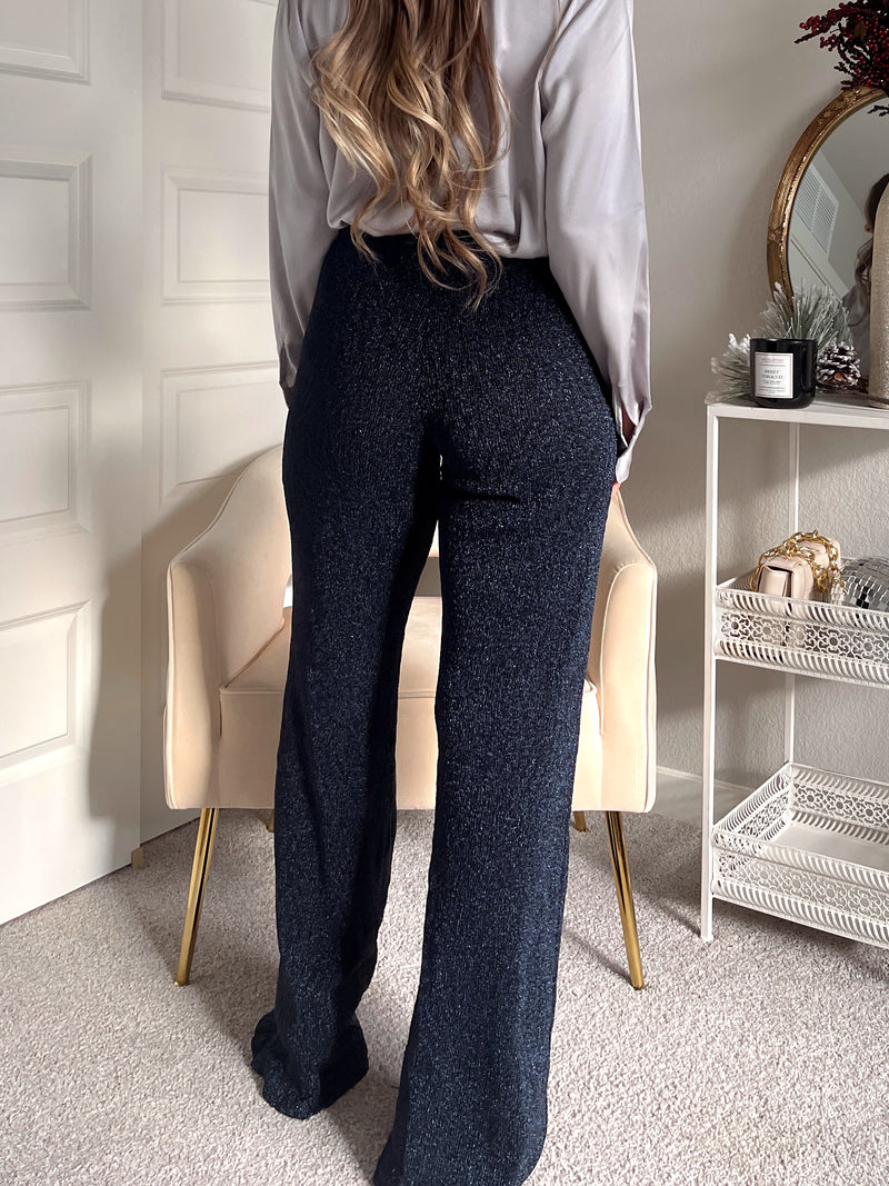 At Midnight Glitter High-Waisted Flare Pants (Navy)