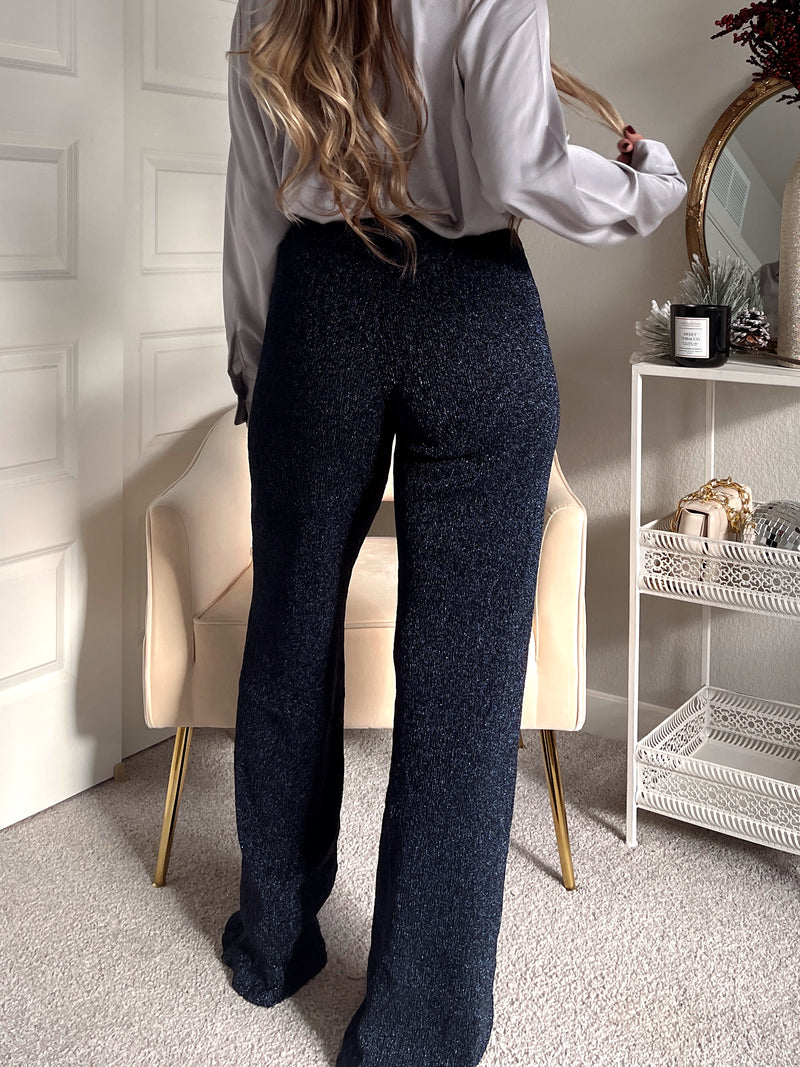 At Midnight Glitter High-Waisted Flare Pants (Navy)