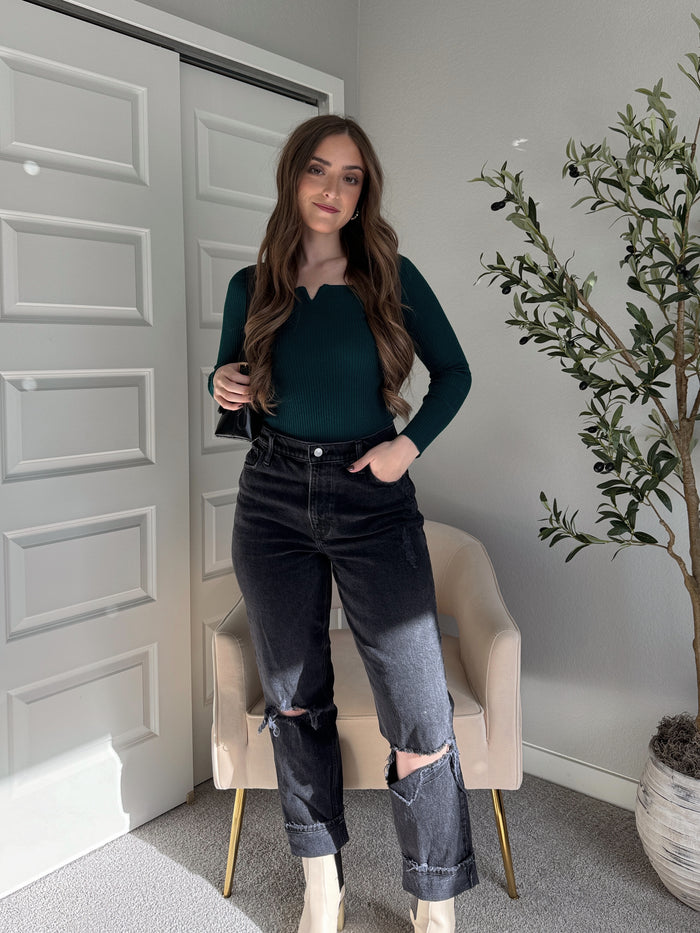 Aubrey Ribbed Knit Notched V-Neck Knit Top (Emerald Teal)