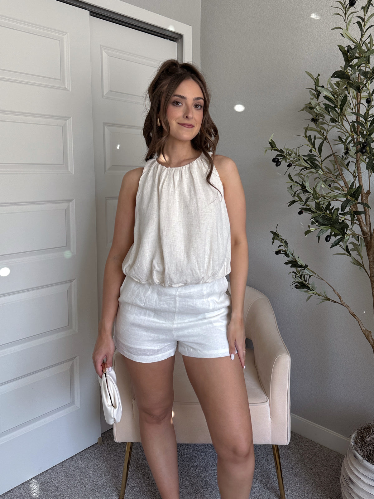 Avani High Neck Linen Blend Bubble Hem Top (Oatmeal)