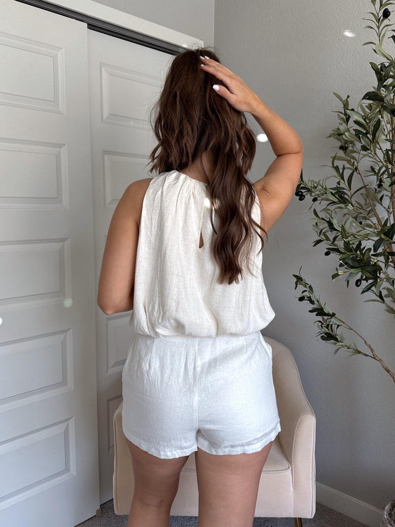 Avani High Neck Linen Blend Bubble Hem Top (Oatmeal)