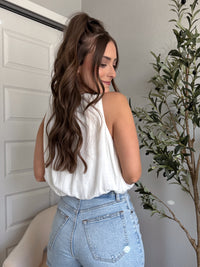 Avani High Neck Linen Blend Bubble Hem Top (Off White)