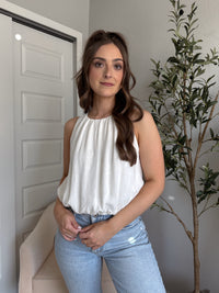 Avani High Neck Linen Blend Bubble Hem Top (Off White)