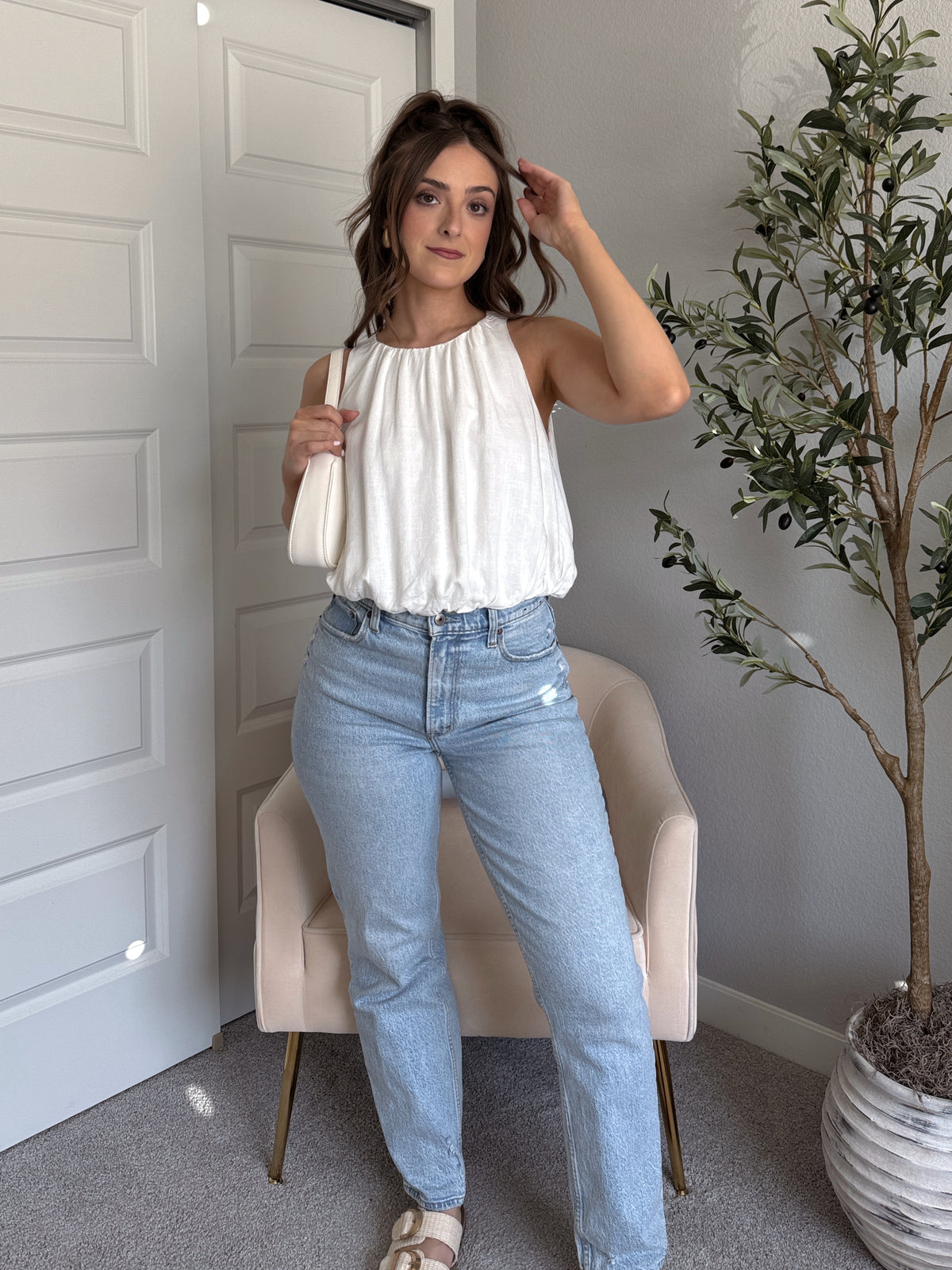 Avani High Neck Linen Blend Bubble Hem Top (Off White)