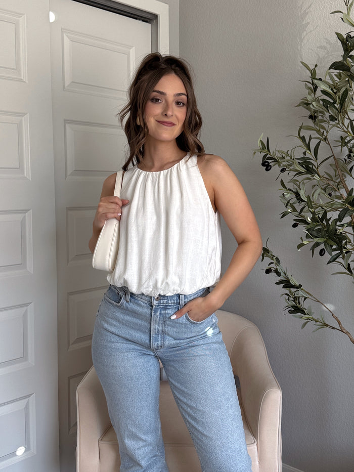 Avani High Neck Linen Blend Bubble Hem Top (Off White)