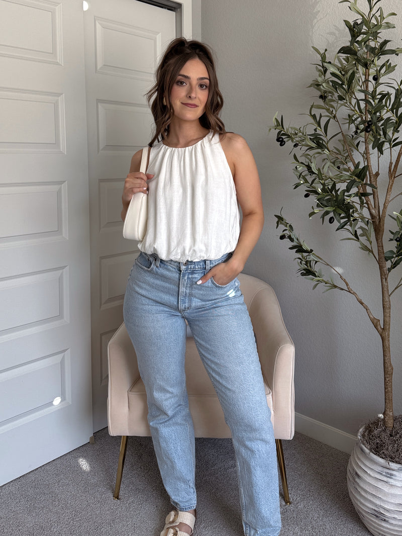 Avani High Neck Linen Blend Bubble Hem Top (Off White)