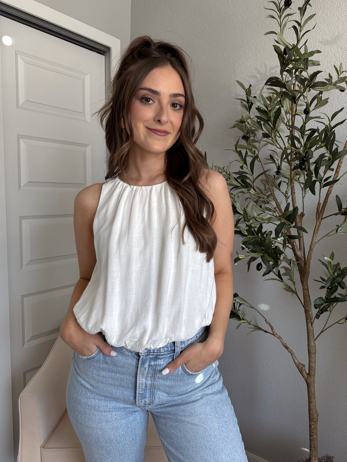 Avani High Neck Linen Blend Bubble Hem Top (Off White)