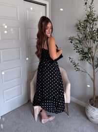 Bardot Polka Dot Smocked Basque Waist Midi Dress (Black)