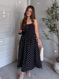 Bardot Polka Dot Smocked Basque Waist Midi Dress (Black)