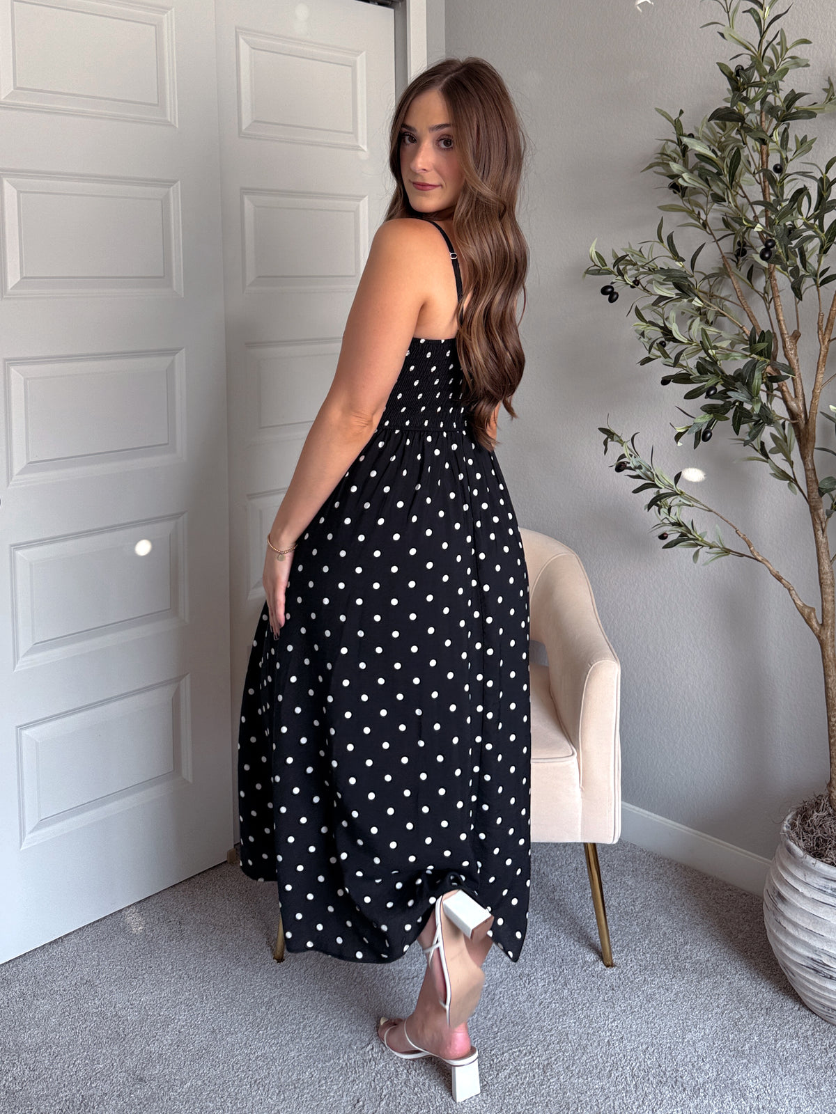 Bardot Polka Dot Smocked Basque Waist Midi Dress (Black)