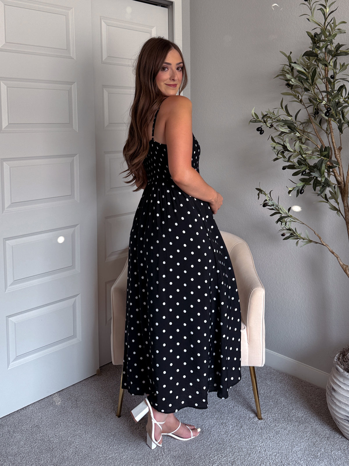Bardot Polka Dot Smocked Basque Waist Midi Dress (Black)