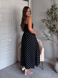 Bardot Polka Dot Smocked Basque Waist Midi Dress (Black)