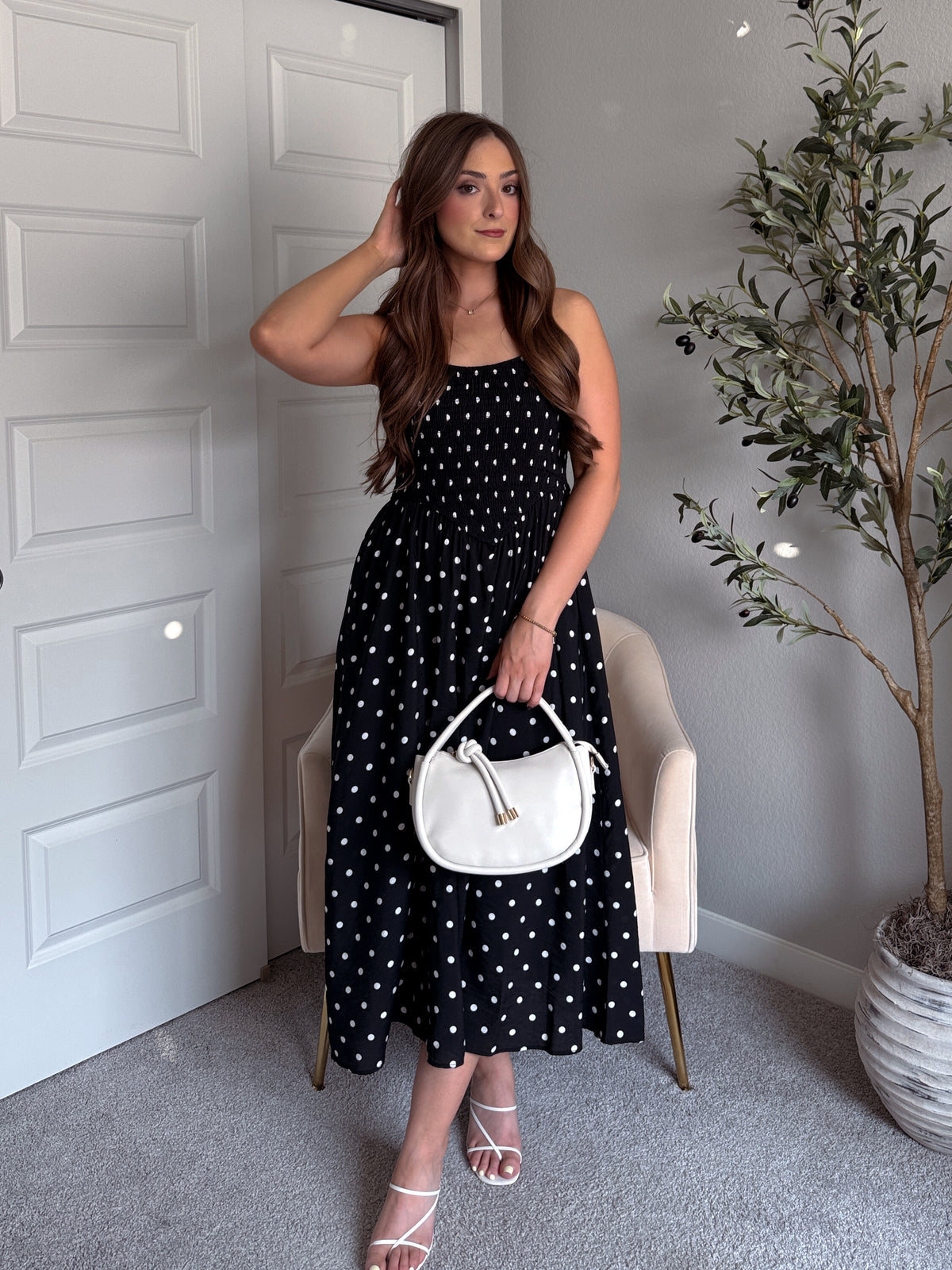 Bardot Polka Dot Smocked Basque Waist Midi Dress (Black)