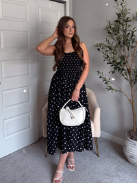 Bardot Polka Dot Smocked Basque Waist Midi Dress (Black)