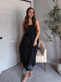Bardot Polka Dot Smocked Basque Waist Midi Dress (Black)