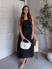 Bardot Polka Dot Smocked Basque Waist Midi Dress (Black)