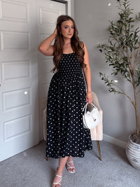Bardot Polka Dot Smocked Basque Waist Midi Dress (Black)