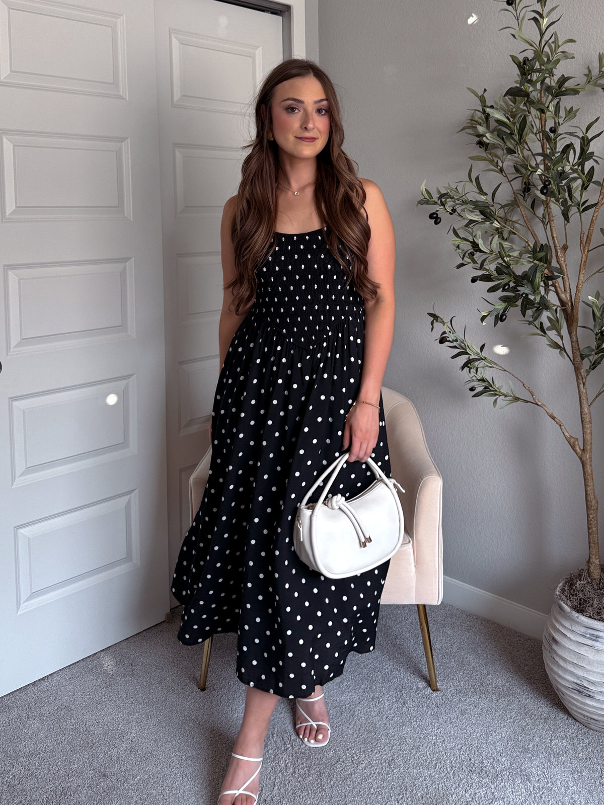 Bardot Polka Dot Smocked Basque Waist Midi Dress (Black)
