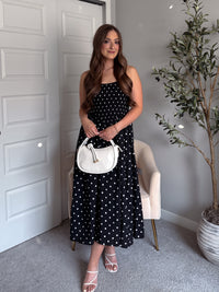 Bardot Polka Dot Smocked Basque Waist Midi Dress (Black)
