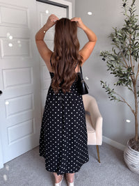 Bardot Polka Dot Smocked Basque Waist Midi Dress (Black)