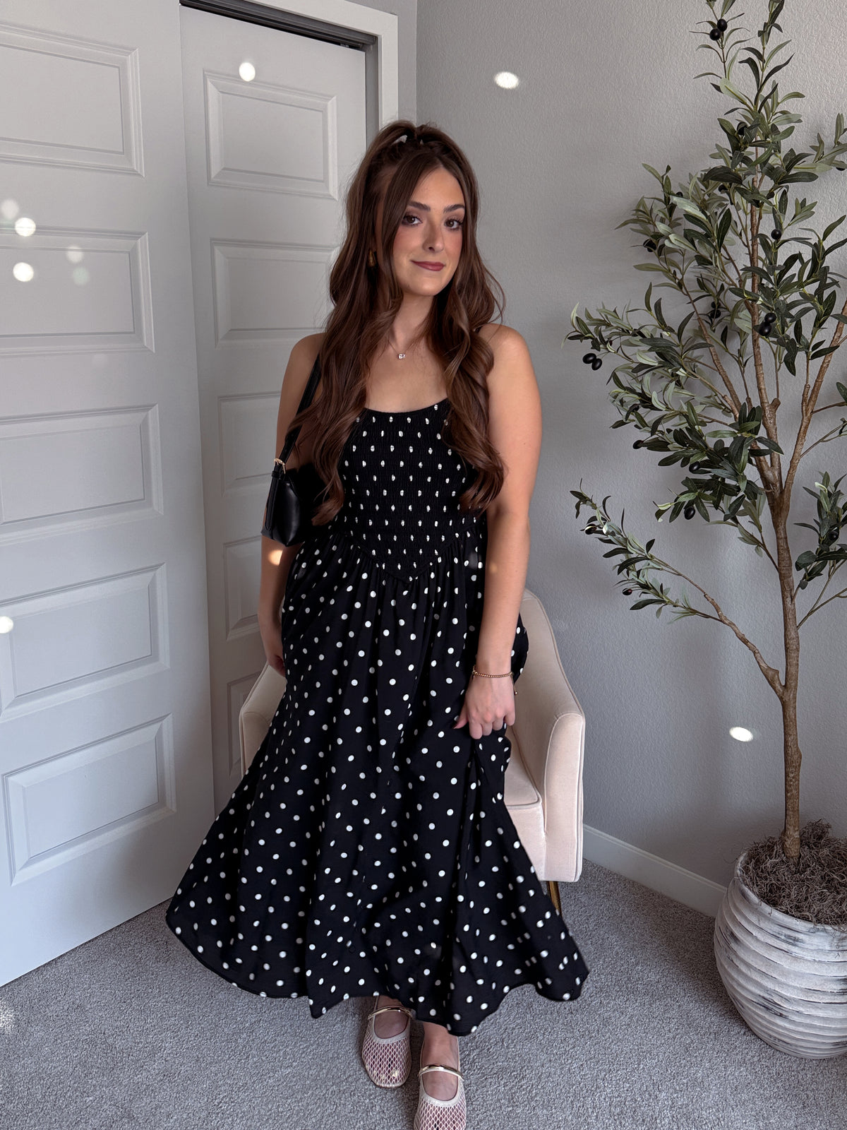 Bardot Polka Dot Smocked Basque Waist Midi Dress (Black)