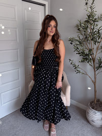Bardot Polka Dot Smocked Basque Waist Midi Dress (Black)