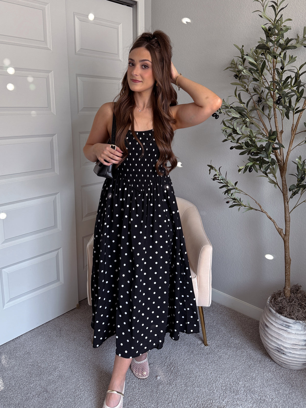 Bardot Polka Dot Smocked Basque Waist Midi Dress (Black)