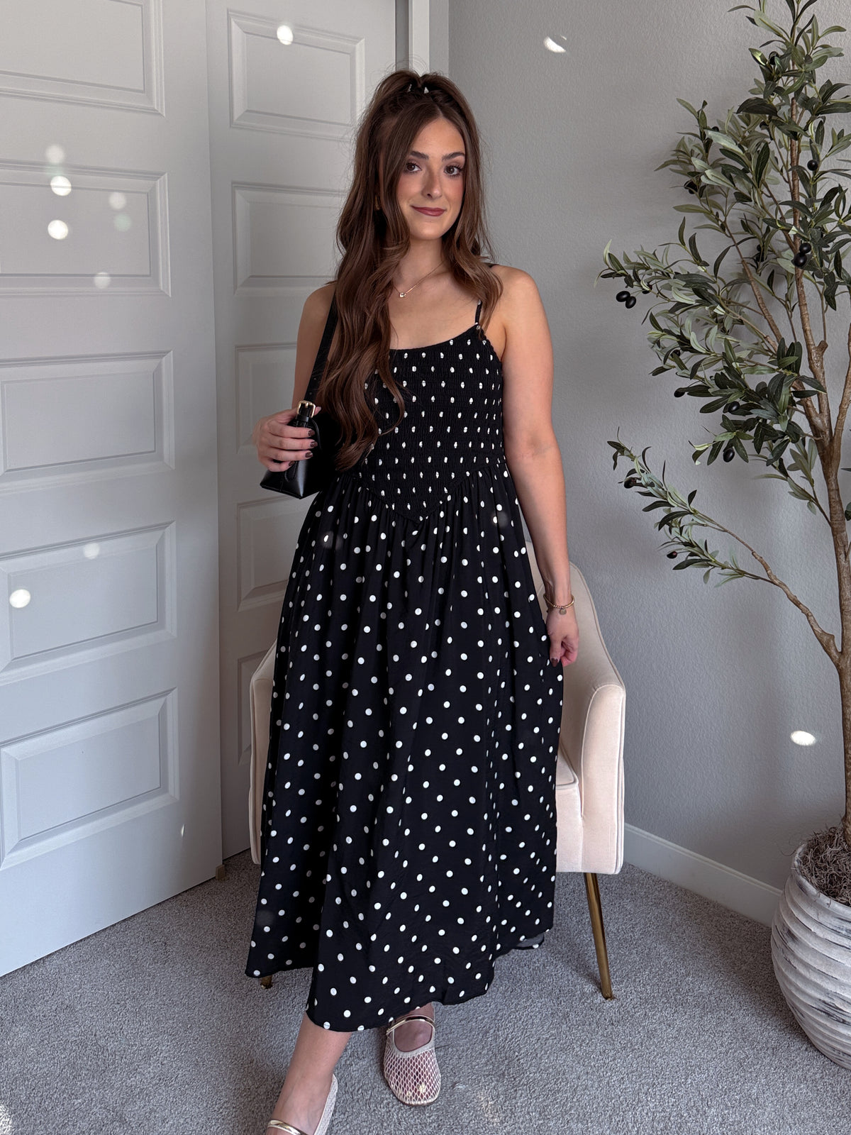 Bardot Polka Dot Smocked Basque Waist Midi Dress (Black)